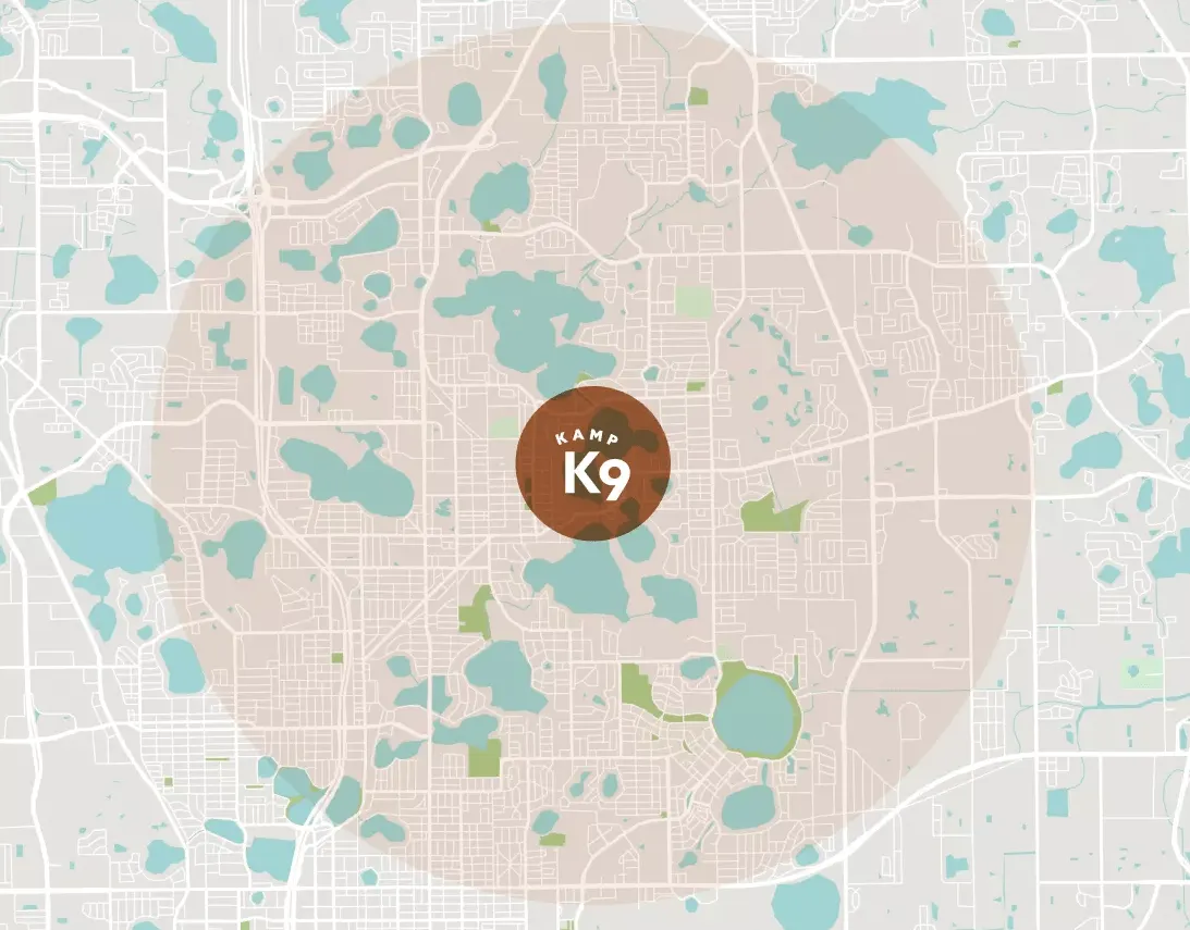 map-kamp-k9 copy 2 Map with a brown K9 pin marking Kamp K9's location in Orlando, FL